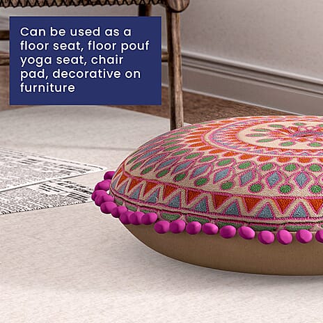 Cotton Floor Cushion with Embroidery and Pom Pom (Size 40x40x10 Cm) - Orange