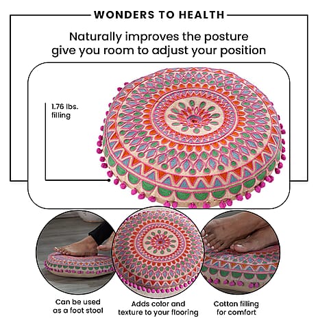 Cotton Floor Cushion with Embroidery and Pom Pom (Size 40x40x10 Cm) - Orange