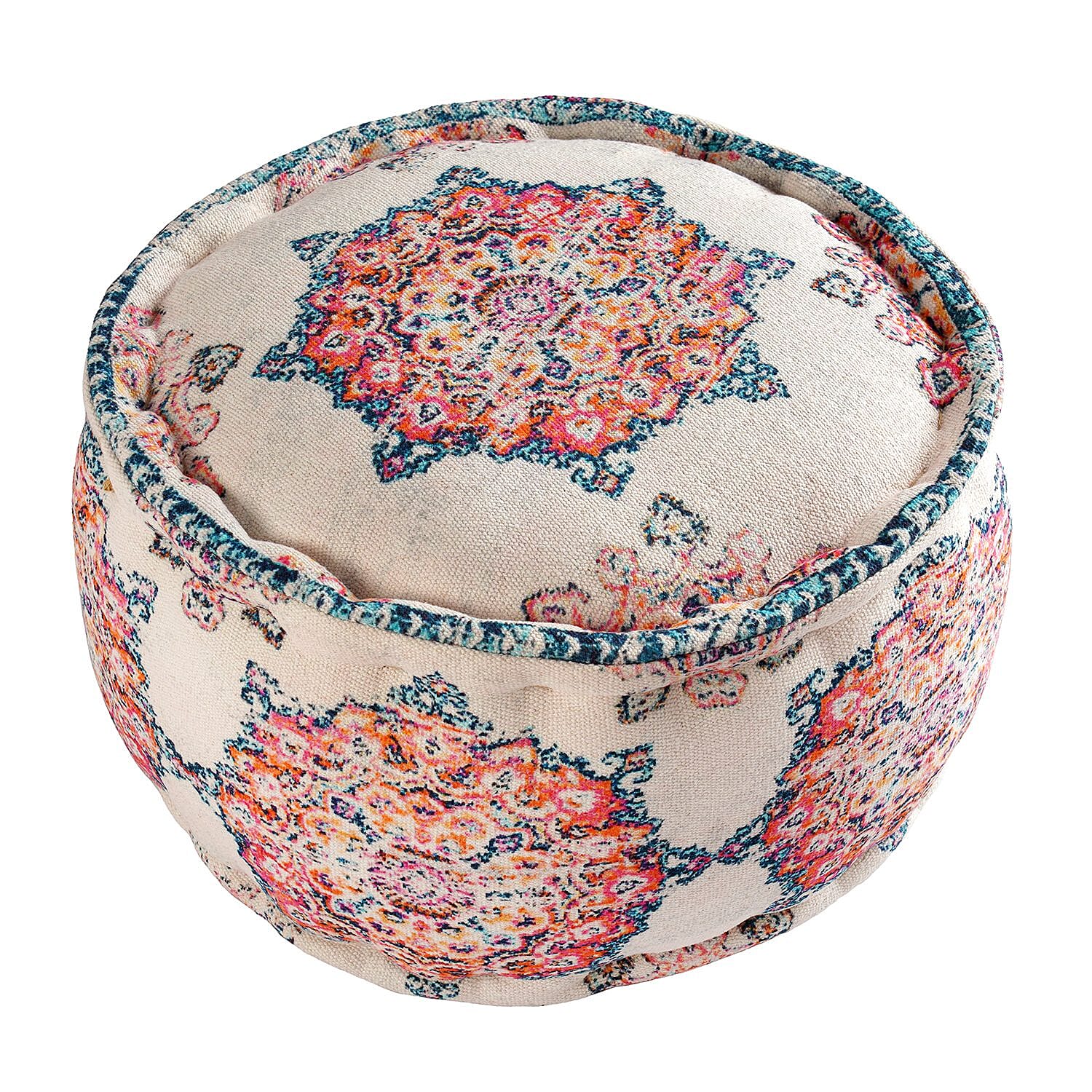 100% Cotton Printed Ottoman (Size 40x40x25 Cm) - Cream - Red