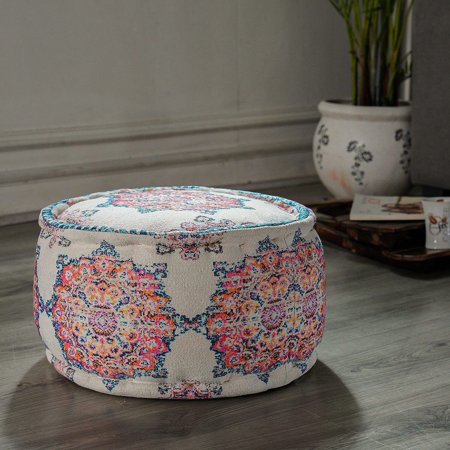100% Cotton Printed Ottoman (Size 40x40x25 Cm) - Cream - Red