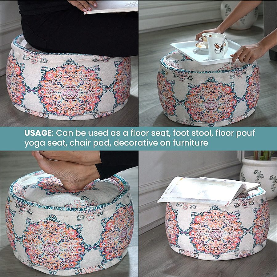100% Cotton Printed Ottoman (Size 40x40x25 Cm) - Cream - Red