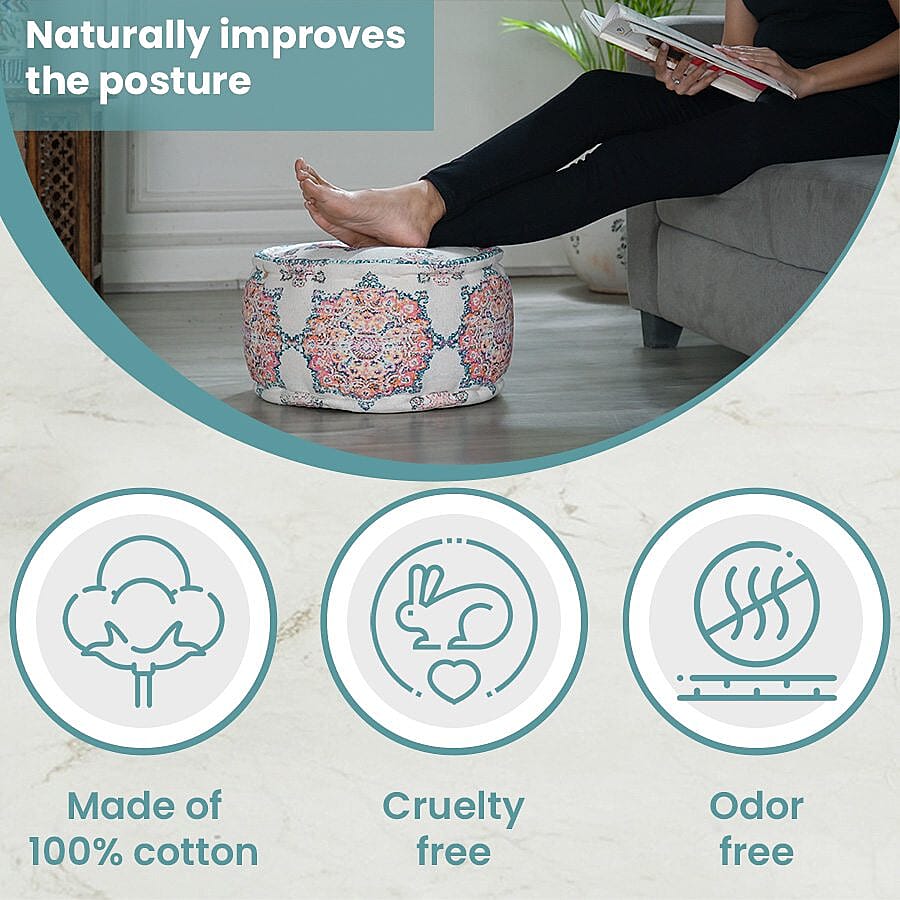 100% Cotton Printed Ottoman (Size 40x40x25 Cm) - Cream - Red