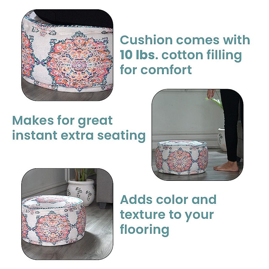 100% Cotton Printed Ottoman (Size 40x40x25 Cm) - Cream - Red