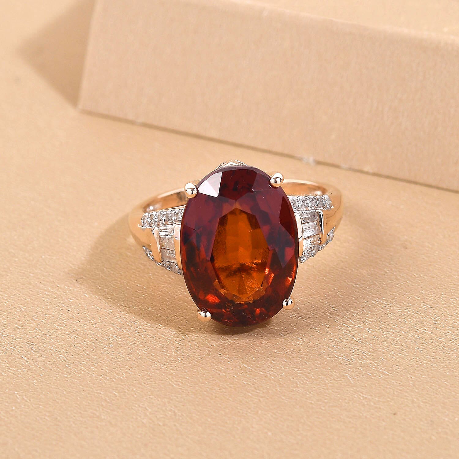9K Yellow Gold Natural Ceylon Honey Garnet and Diamond Ring 7.59 Ct.