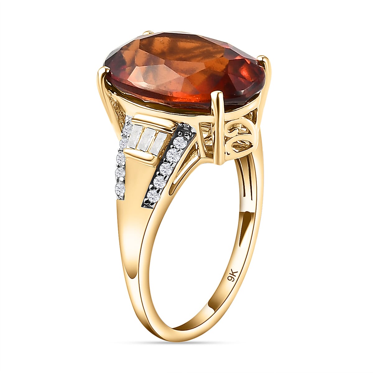 9K Yellow Gold Natural Ceylon Honey Garnet and Diamond Ring 7.59 Ct.