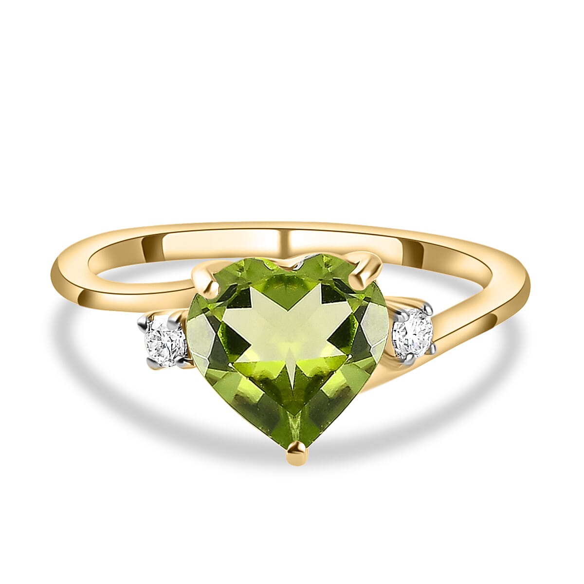 9K Yellow Gold Hebei Peridot and Moissanite Heart Bypass Ring 1.72 Ct