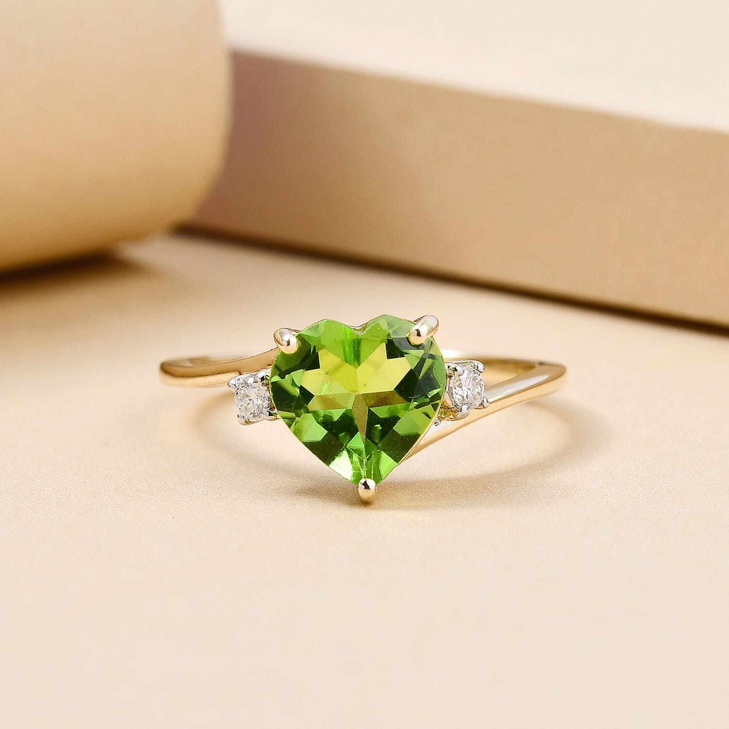 9K Yellow Gold Hebei Peridot and Moissanite Heart Bypass Ring 1.72 Ct