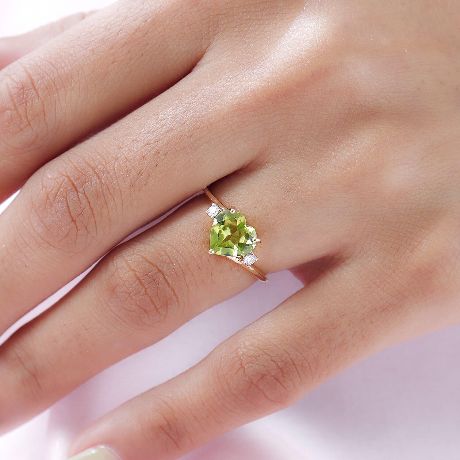 9K Yellow Gold Hebei Peridot and Moissanite Heart Bypass Ring 1.72 Ct