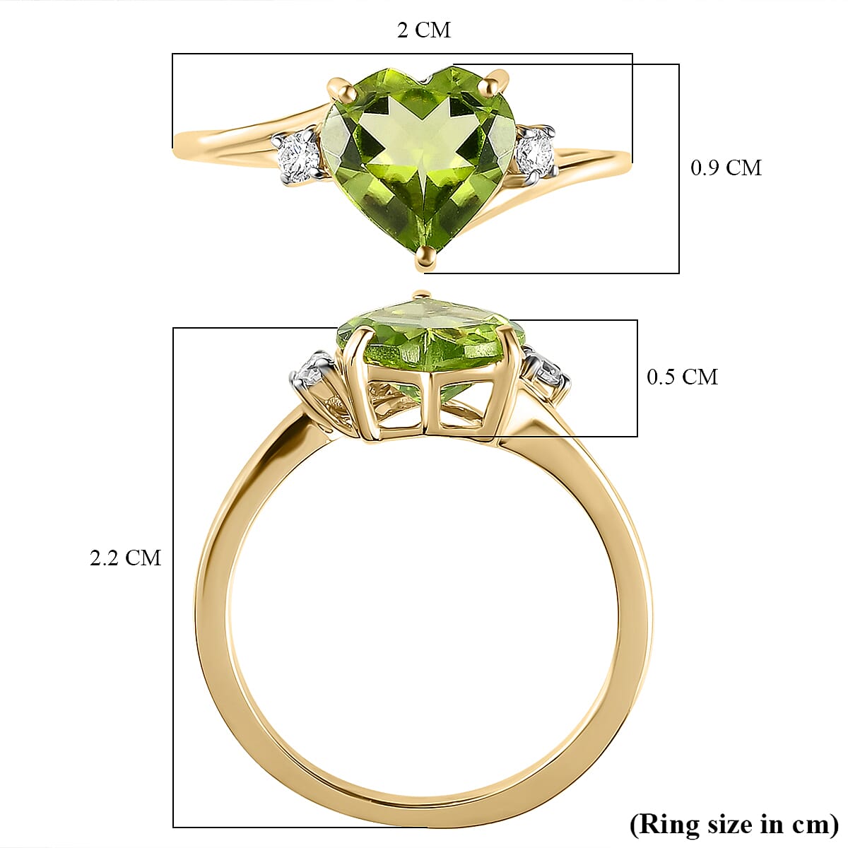 9K Yellow Gold Hebei Peridot and Moissanite Heart Bypass Ring 1.72 Ct