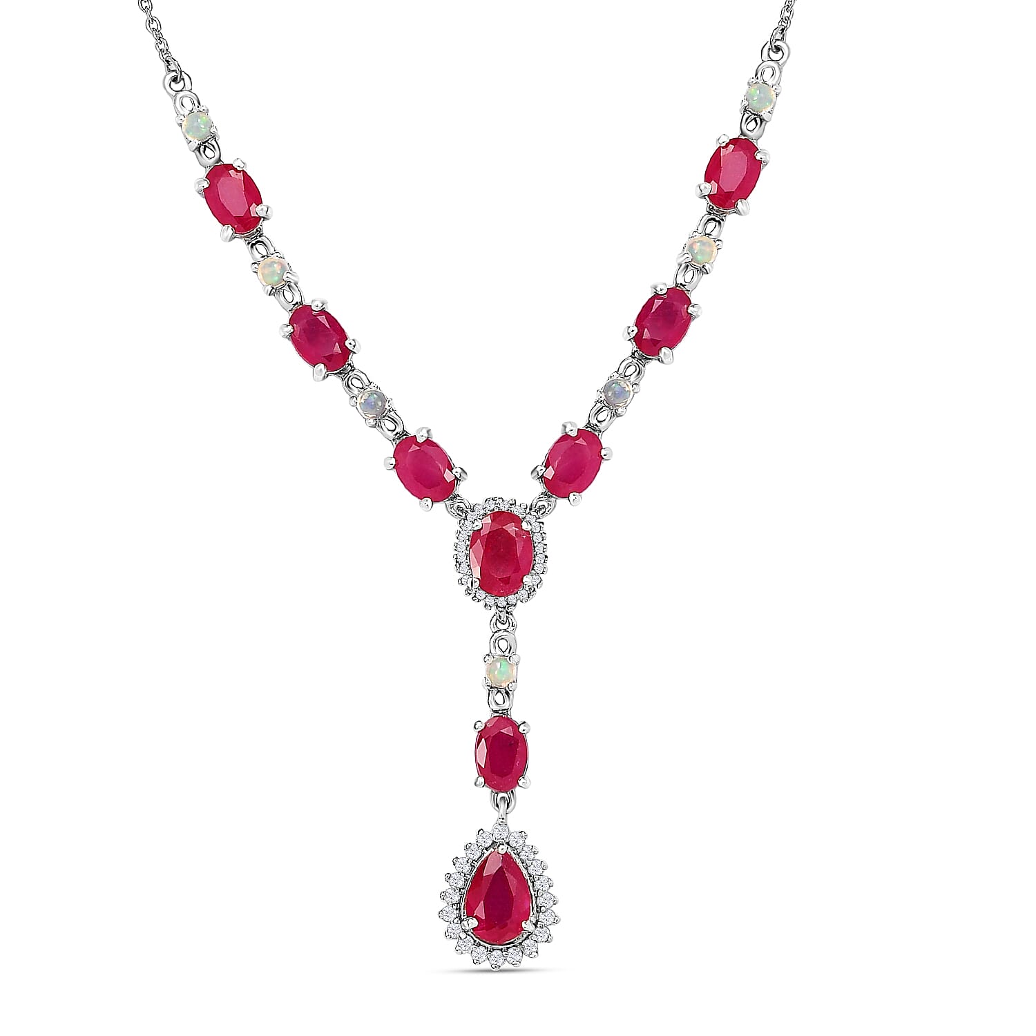 African Ruby, Ethiopian Welo Opal and Natural Cambodian Zircon Necklace (Size - 18) in Platinum Overlay Sterling Silver 13.79 Ct, Silver Wt. 8.00 Gms