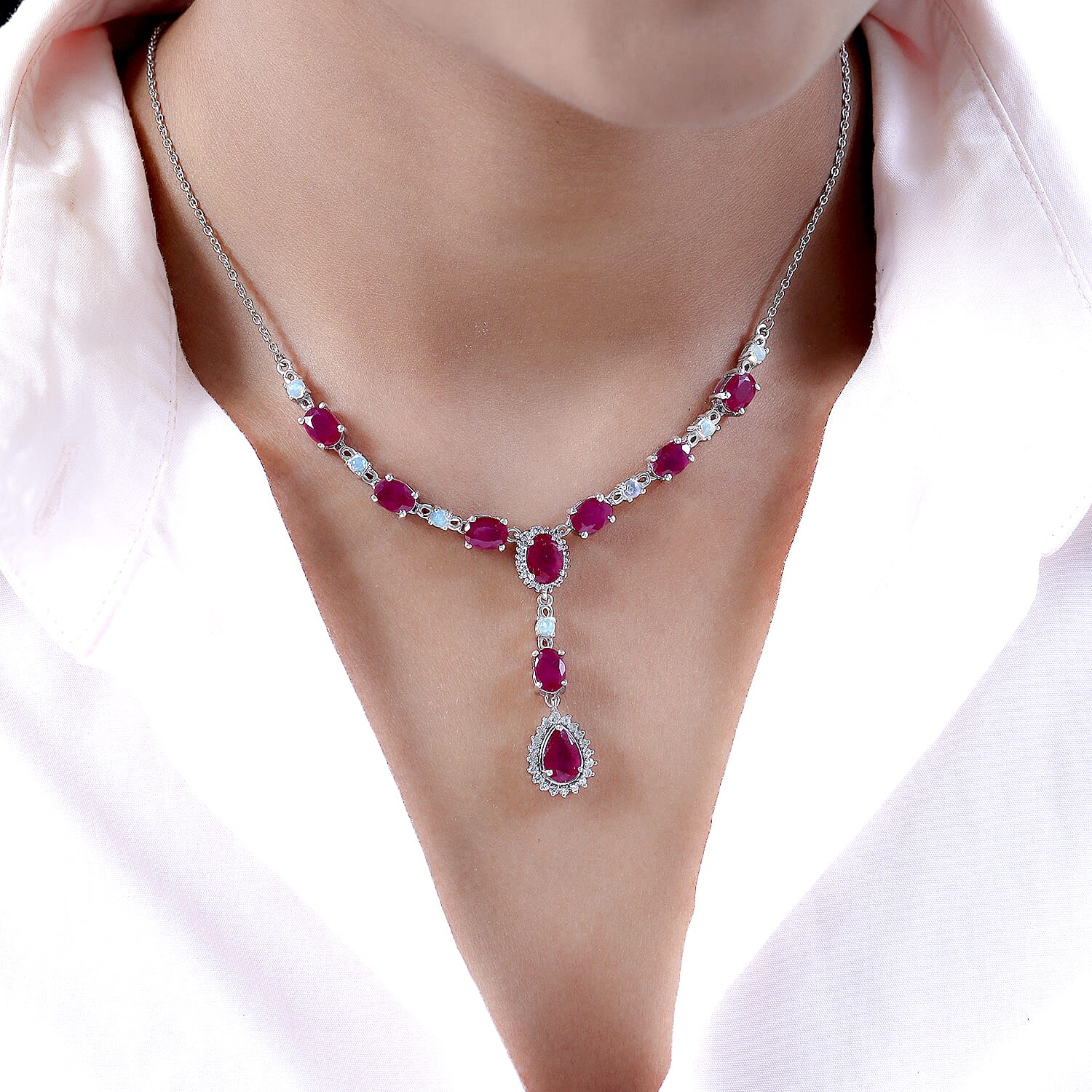 African Ruby, Ethiopian Welo Opal and Natural Cambodian Zircon Necklace (Size - 18) in Platinum Overlay Sterling Silver 13.79 Ct, Silver Wt. 8.00 Gms