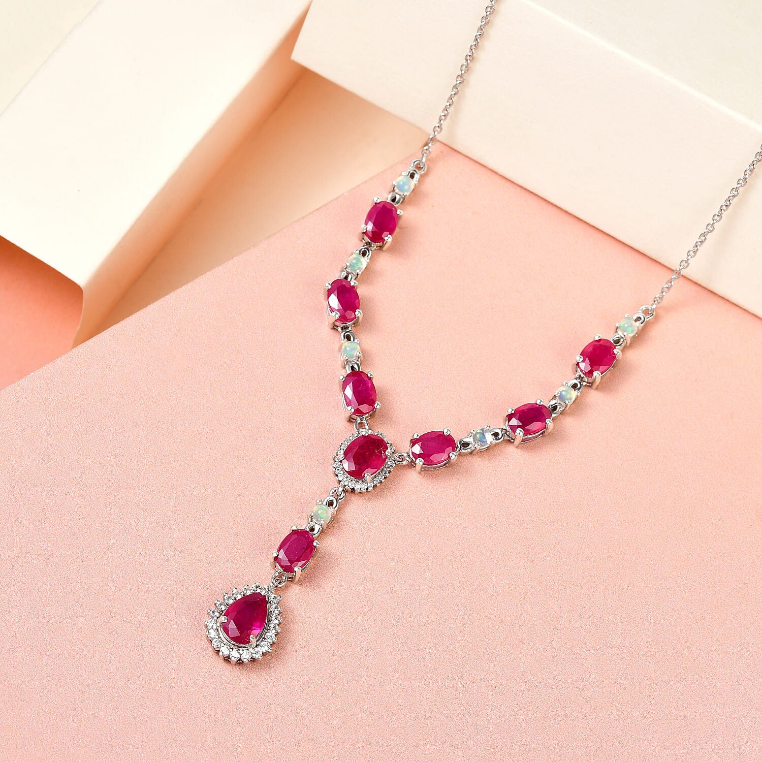 African Ruby, Ethiopian Welo Opal and Natural Cambodian Zircon Necklace (Size - 18) in Platinum Overlay Sterling Silver 13.79 Ct, Silver Wt. 8.00 Gms