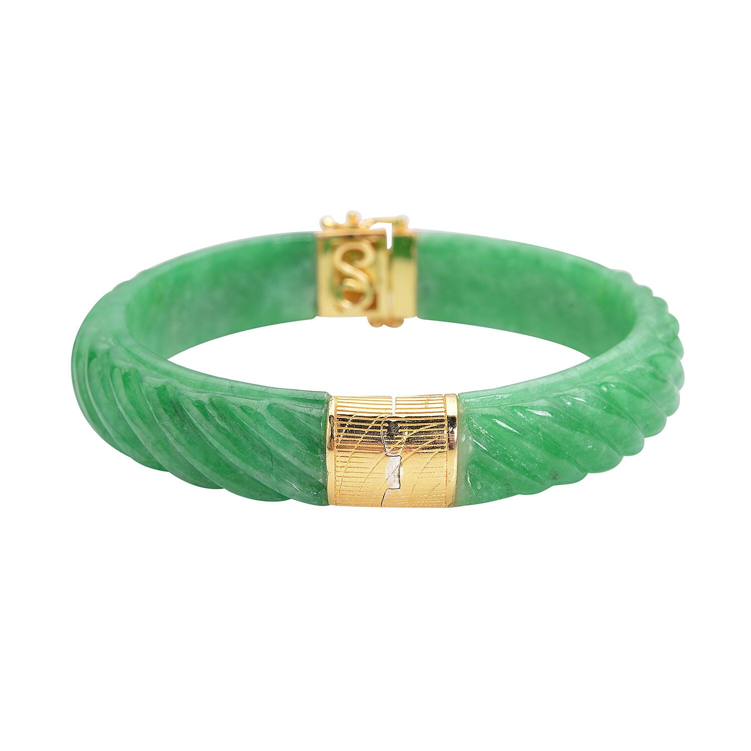 Designer Inspired - Carved Green Jade  Bangle (Size - 7.5) in 18k Vermeil Yellow Gold Overlay Sterling Silver 206.50 Ct.
