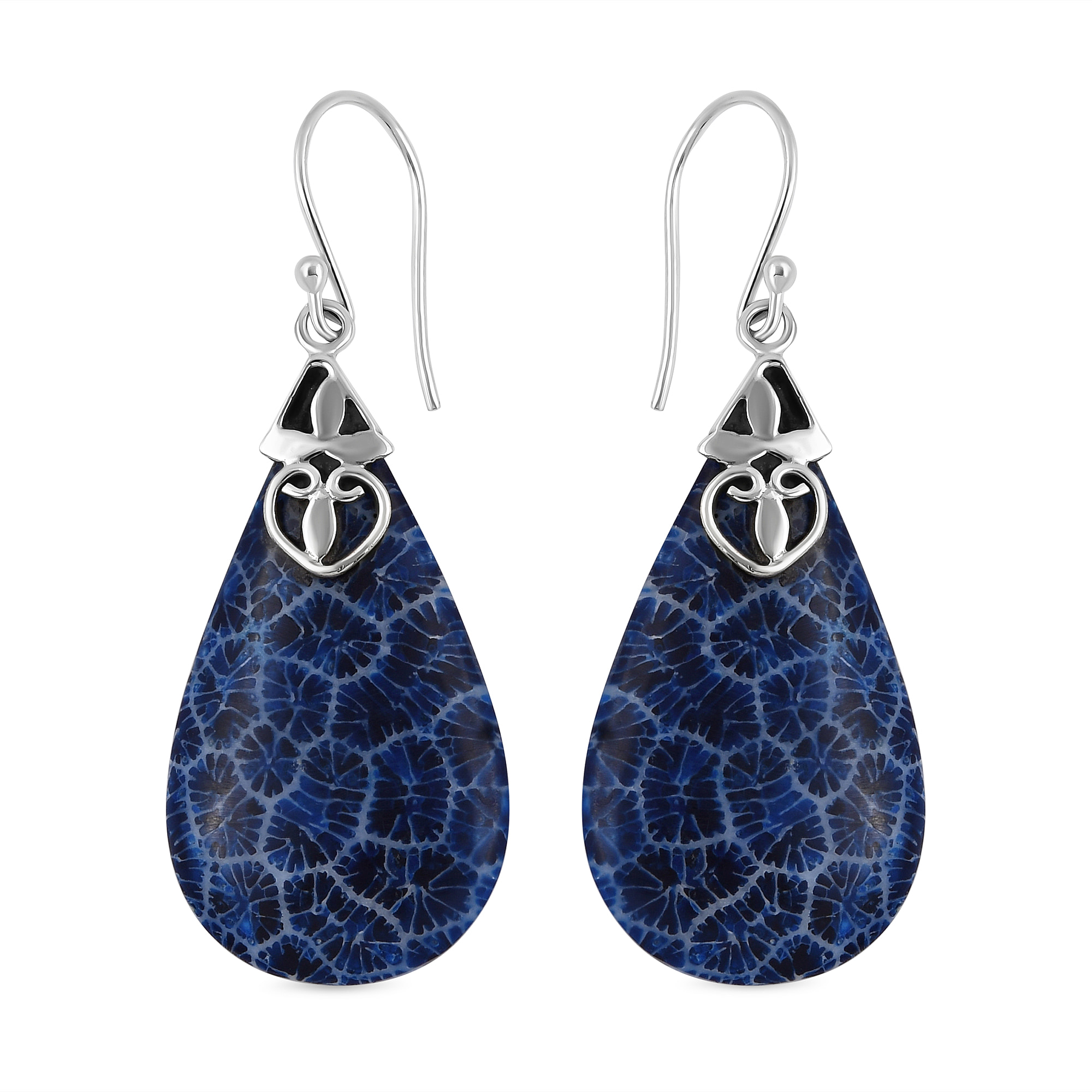 Royal Bali Collection - Artisan Crafted Dyed Blue Coral Dangle Earrings in Sterling Silver