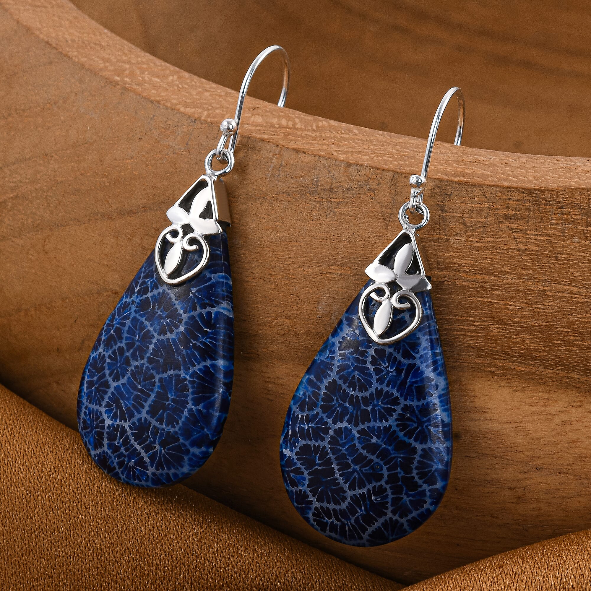 Royal Bali Collection Artisan Crafted Dyed Blue Coral Dangle Earrings in Sterling Silver