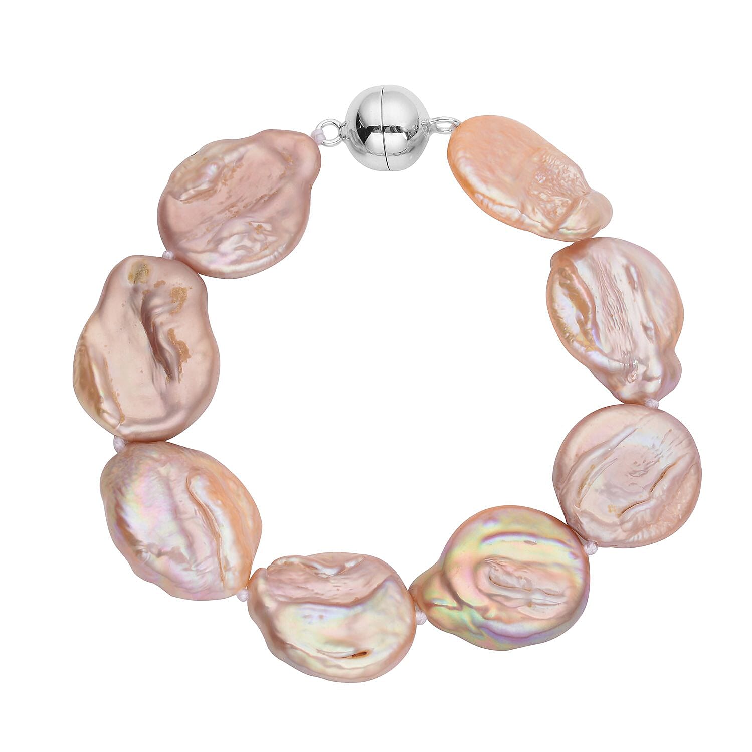 Multi Colour Keshi Pearl Bracelet (Size - 7) With Magnetic Lock in Rhodium Overlay Sterling Silver