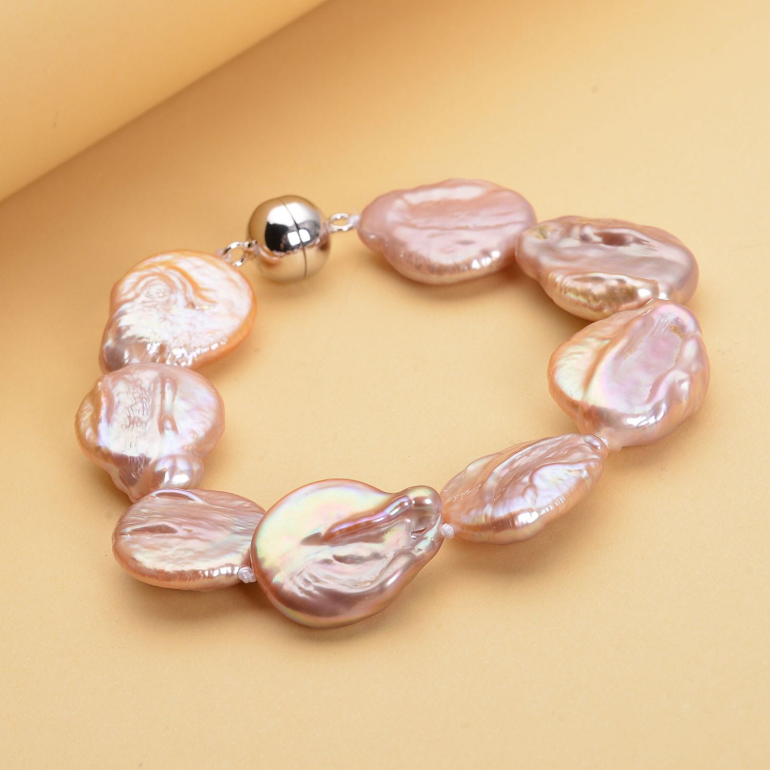 Multi Colour Keshi Pearl Bracelet (Size - 7) With Magnetic Lock in Rhodium Overlay Sterling Silver