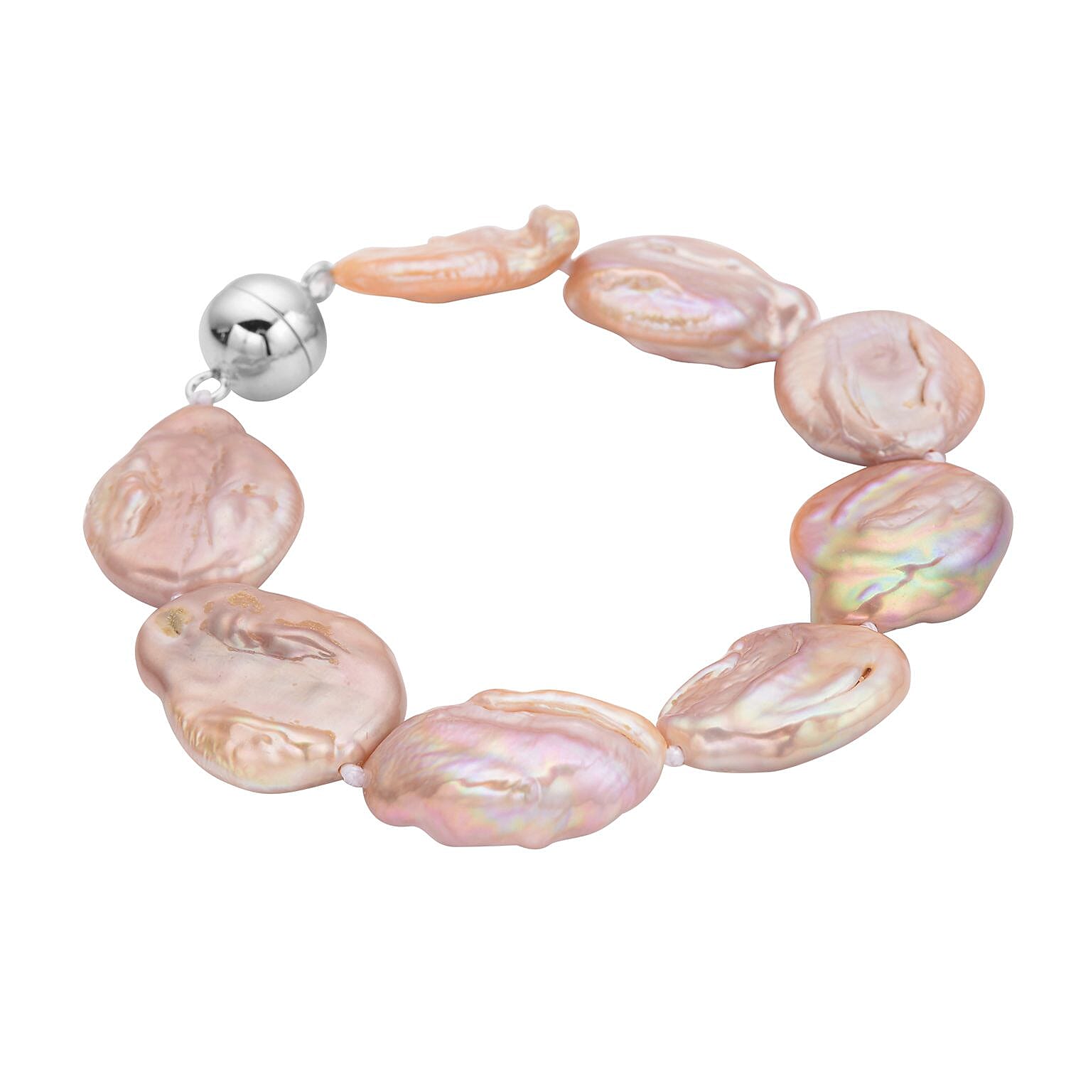 Multi Colour Keshi Pearl Bracelet (Size - 7) With Magnetic Lock in Rhodium Overlay Sterling Silver