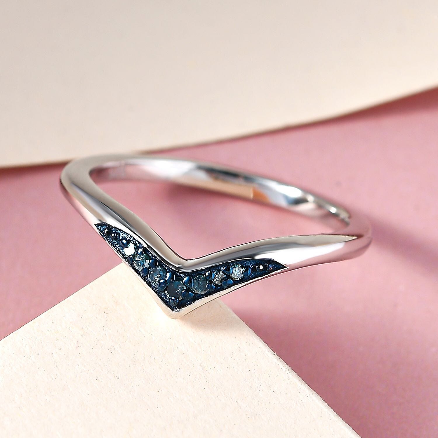 Blue Diamond Wishbone Ring in Platinum Overlay Sterling Silver