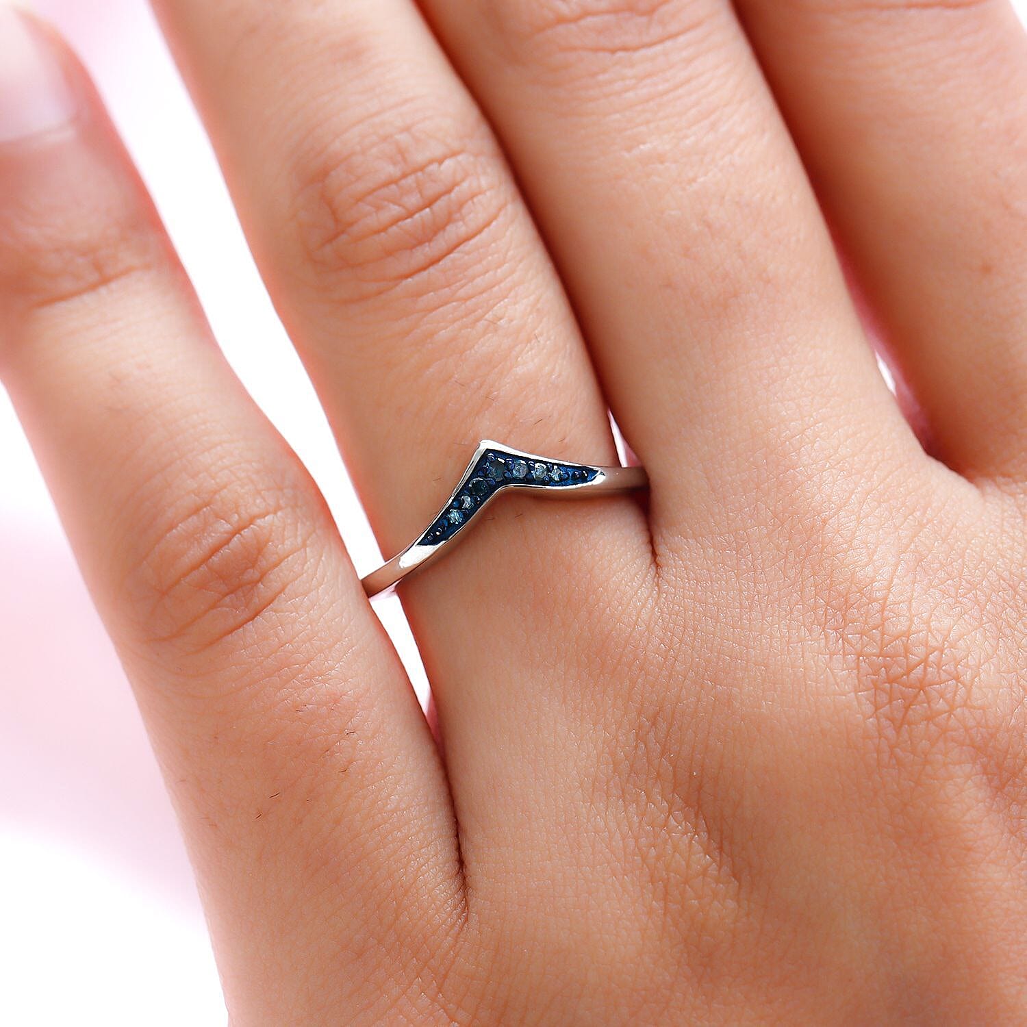 Blue Diamond Wishbone Ring in Platinum Overlay Sterling Silver