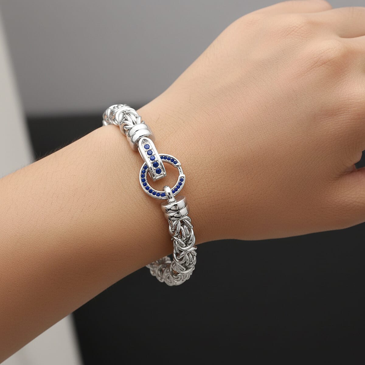 Blue Crystal Byzantine Link Bracelet (Size - 7.5)