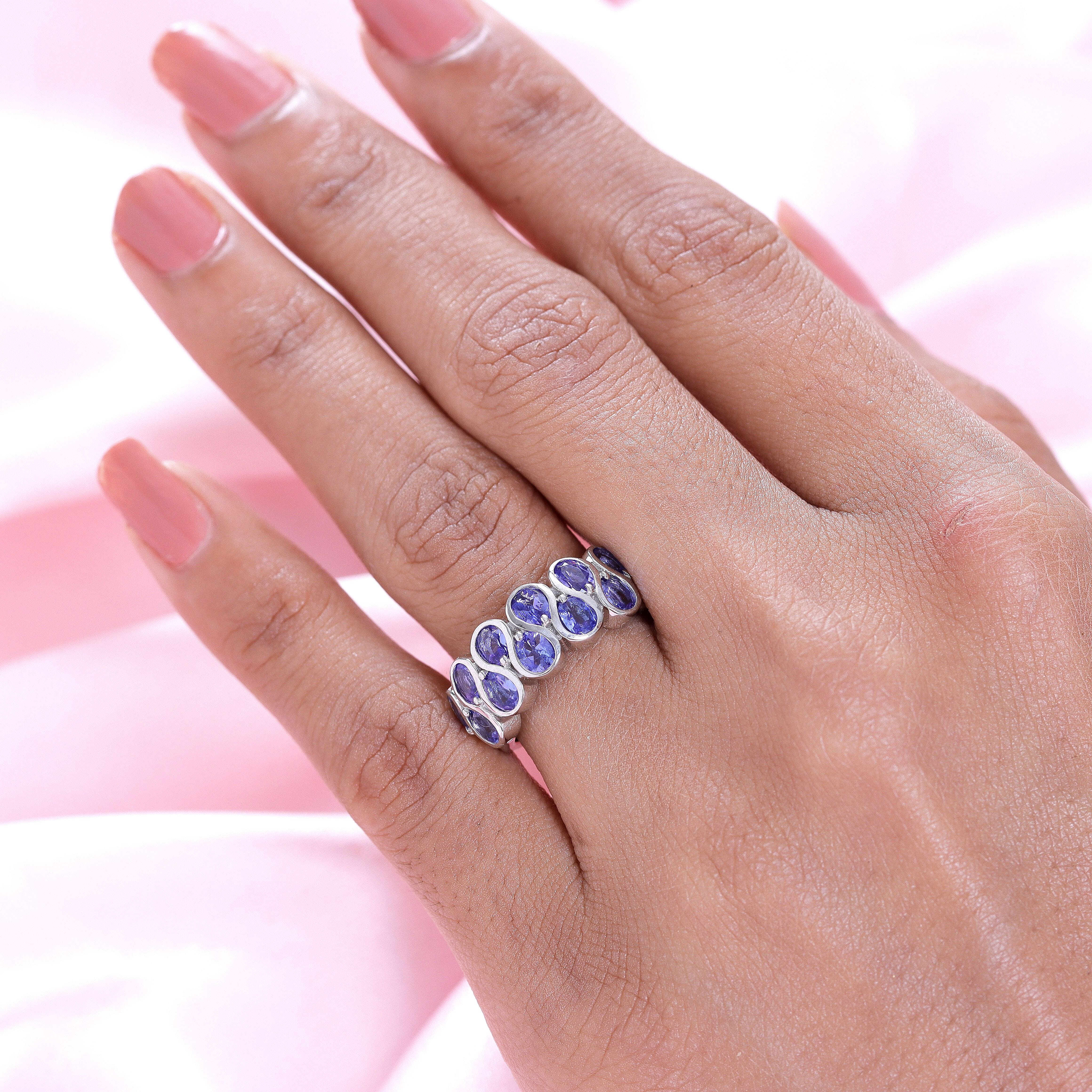 Tanzanite Half Eternity Ring in Platinum Overlay Sterling Silver 2.10 Ct.