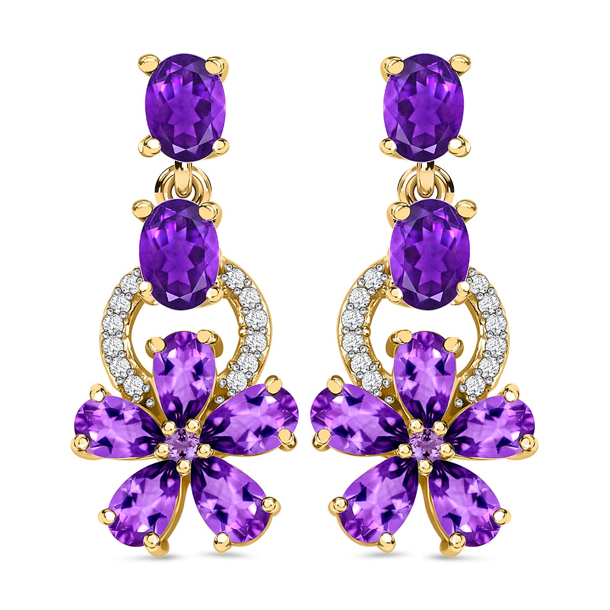 African Amethyst ,White Zircon Dangling Earring (With Push Back) in 18K Vermeil Yellow Gold Plated Sterling Silver.