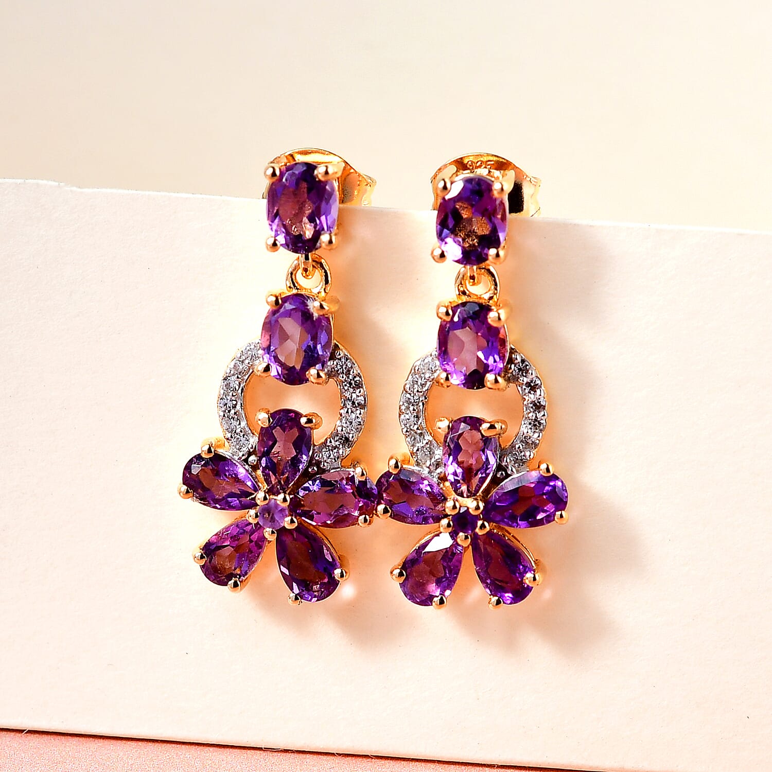 African Amethyst ,White Zircon Dangling Earring (With Push Back) in 18K Vermeil Yellow Gold Plated Sterling Silver.