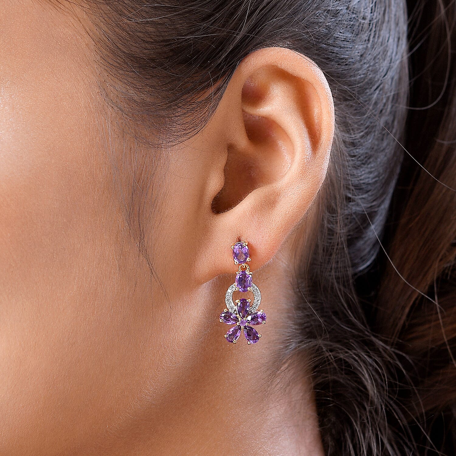 African Amethyst ,White Zircon Dangling Earring (With Push Back) in 18K Vermeil Yellow Gold Plated Sterling Silver.