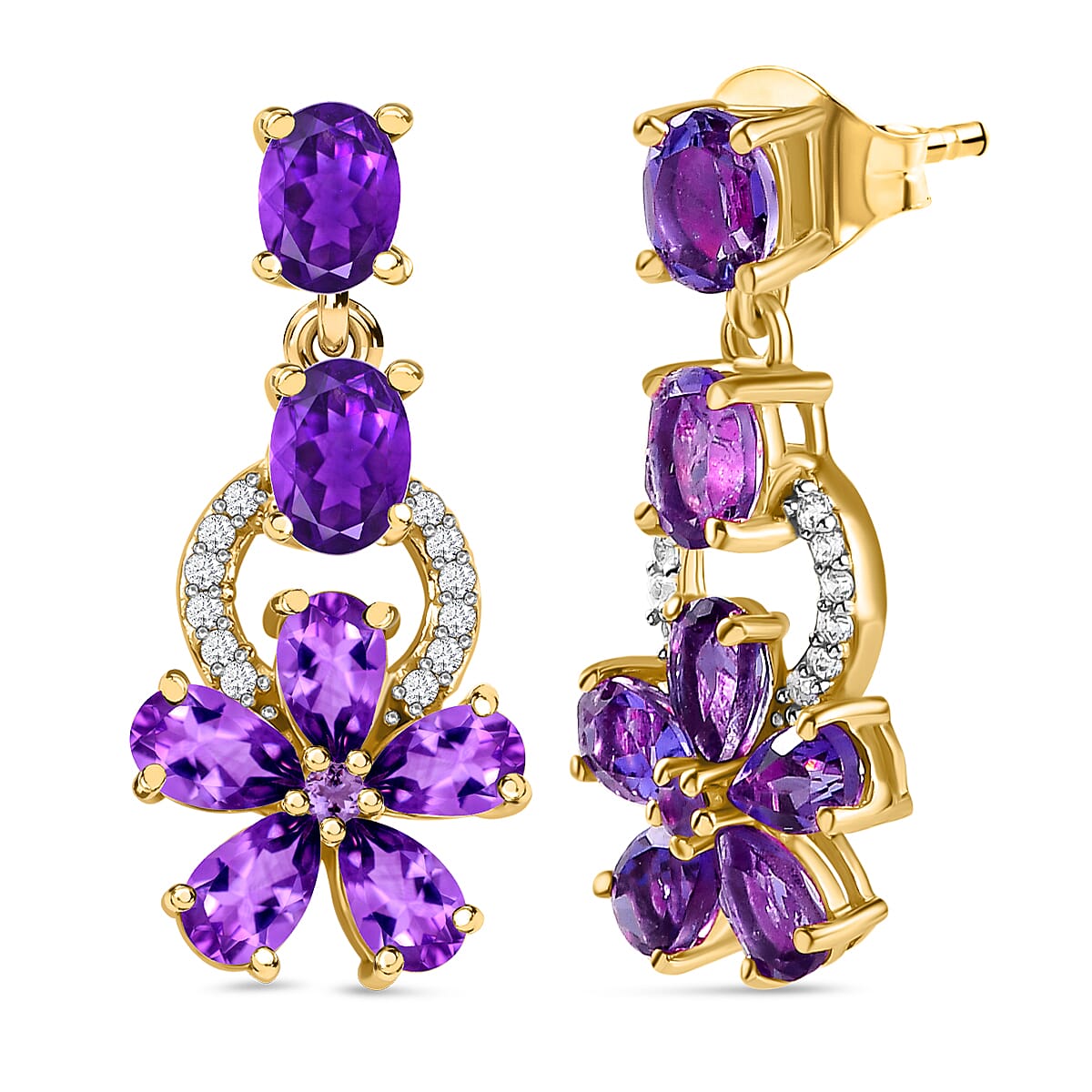 African Amethyst ,White Zircon Dangling Earring (With Push Back) in 18K Vermeil Yellow Gold Plated Sterling Silver.