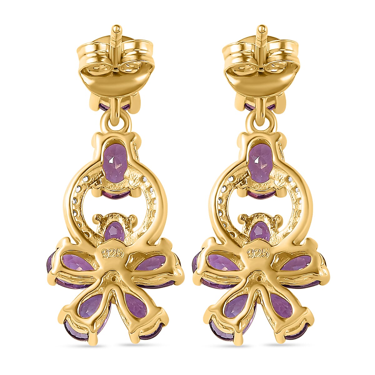 African Amethyst ,White Zircon Dangling Earring (With Push Back) in 18K Vermeil Yellow Gold Plated Sterling Silver.