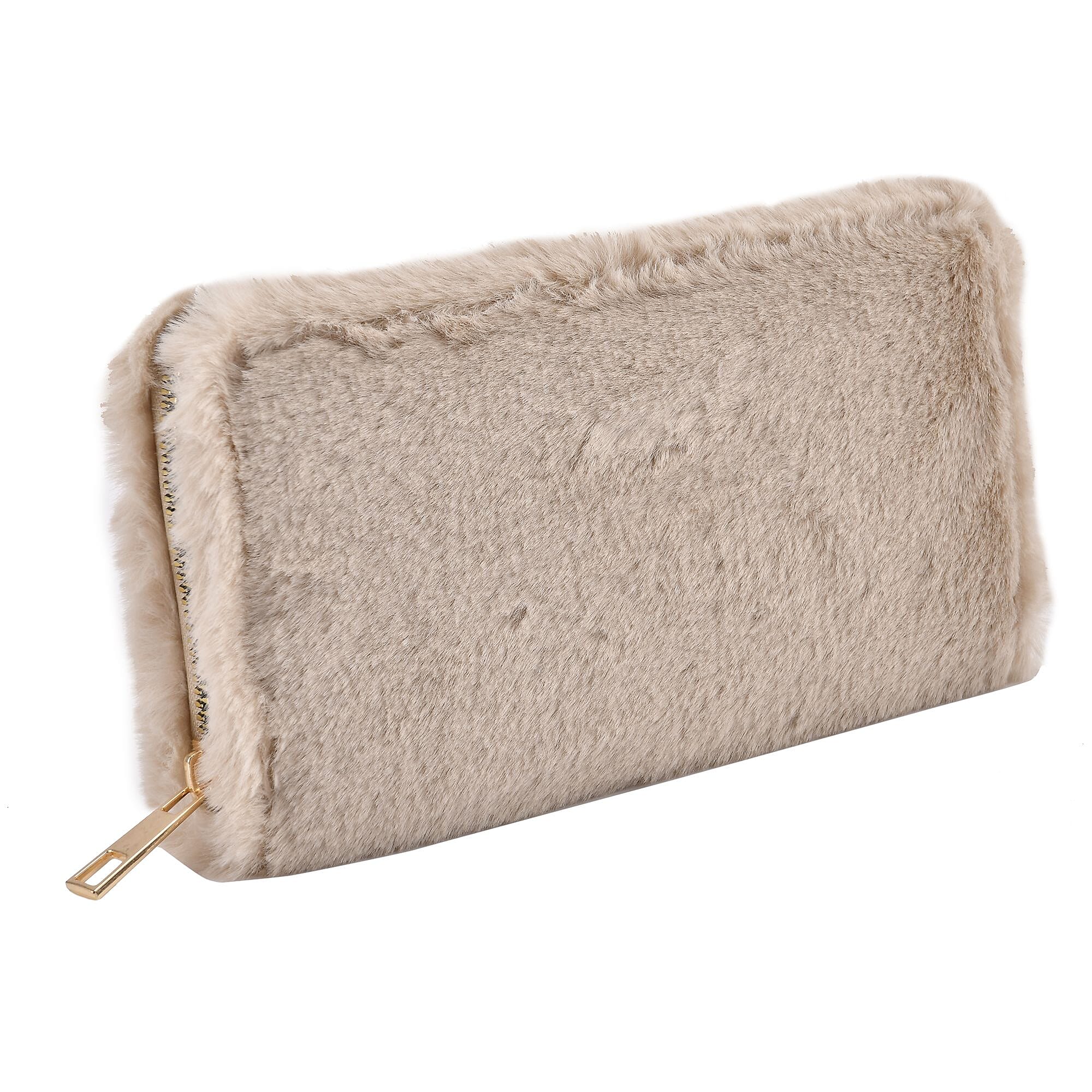 Faux Fur Wallet with Zipper Closure (Size 19x3x9 Cm) - Apricot