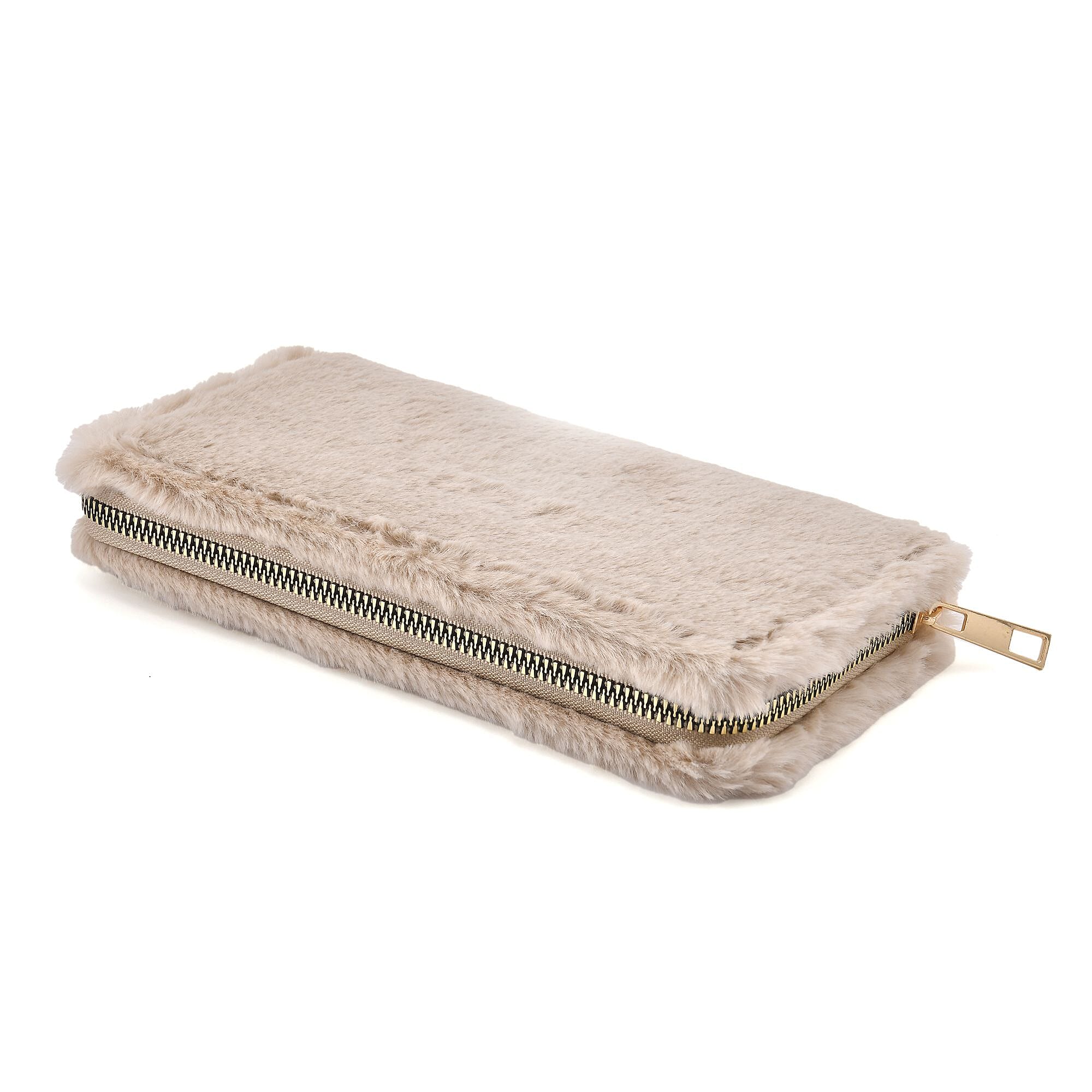 Faux Fur Wallet with Zipper Closure (Size 19x3x9 Cm) - Apricot