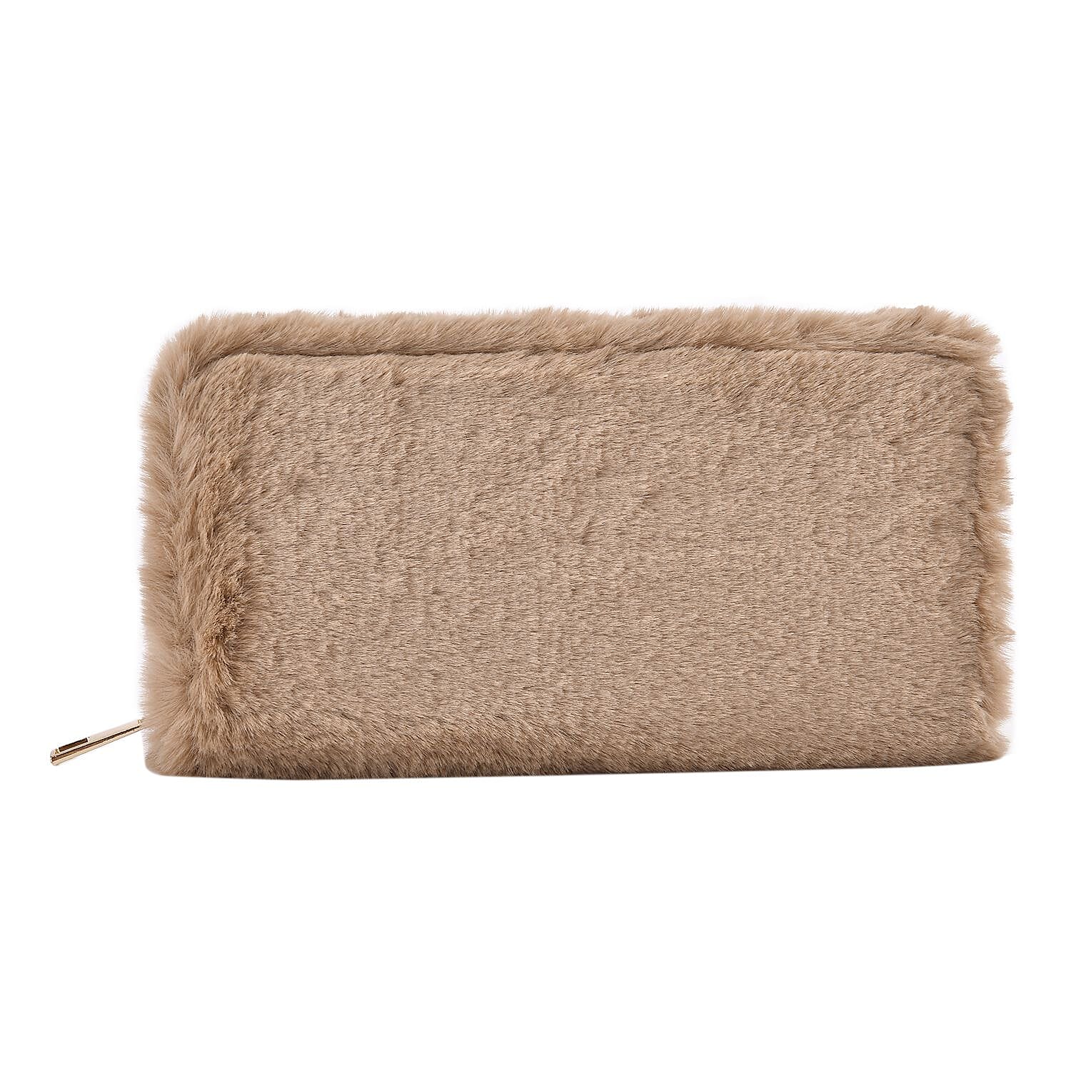 Faux Fur Wallet with Zipper Closure (Size 19x3x9 Cm) - Khaki