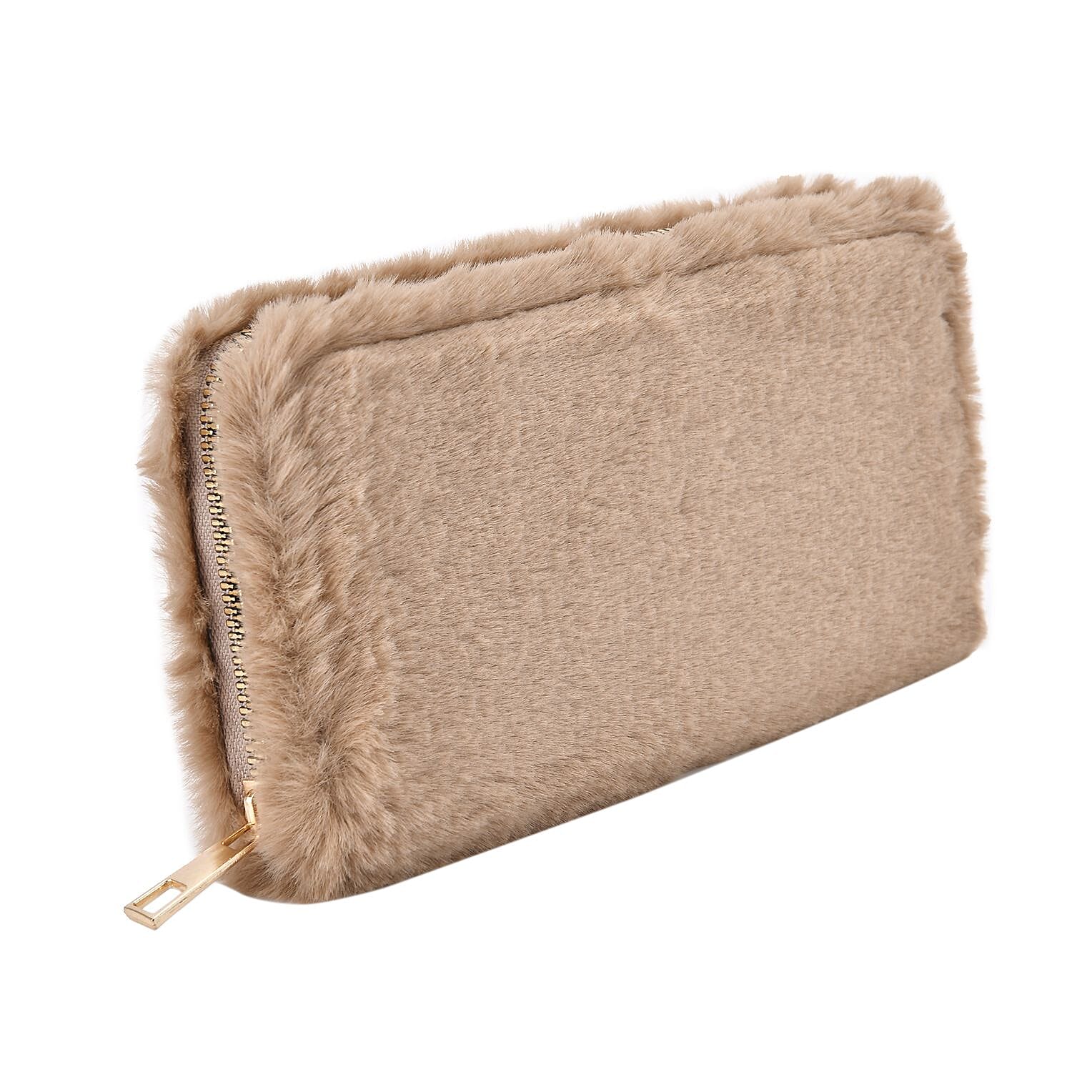 Faux Fur Wallet with Zipper Closure (Size 19x3x9 Cm) - Khaki