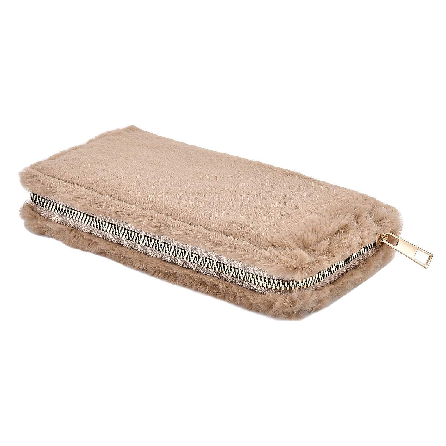 Faux Fur Wallet with Zipper Closure (Size 19x3x9 Cm) - Khaki