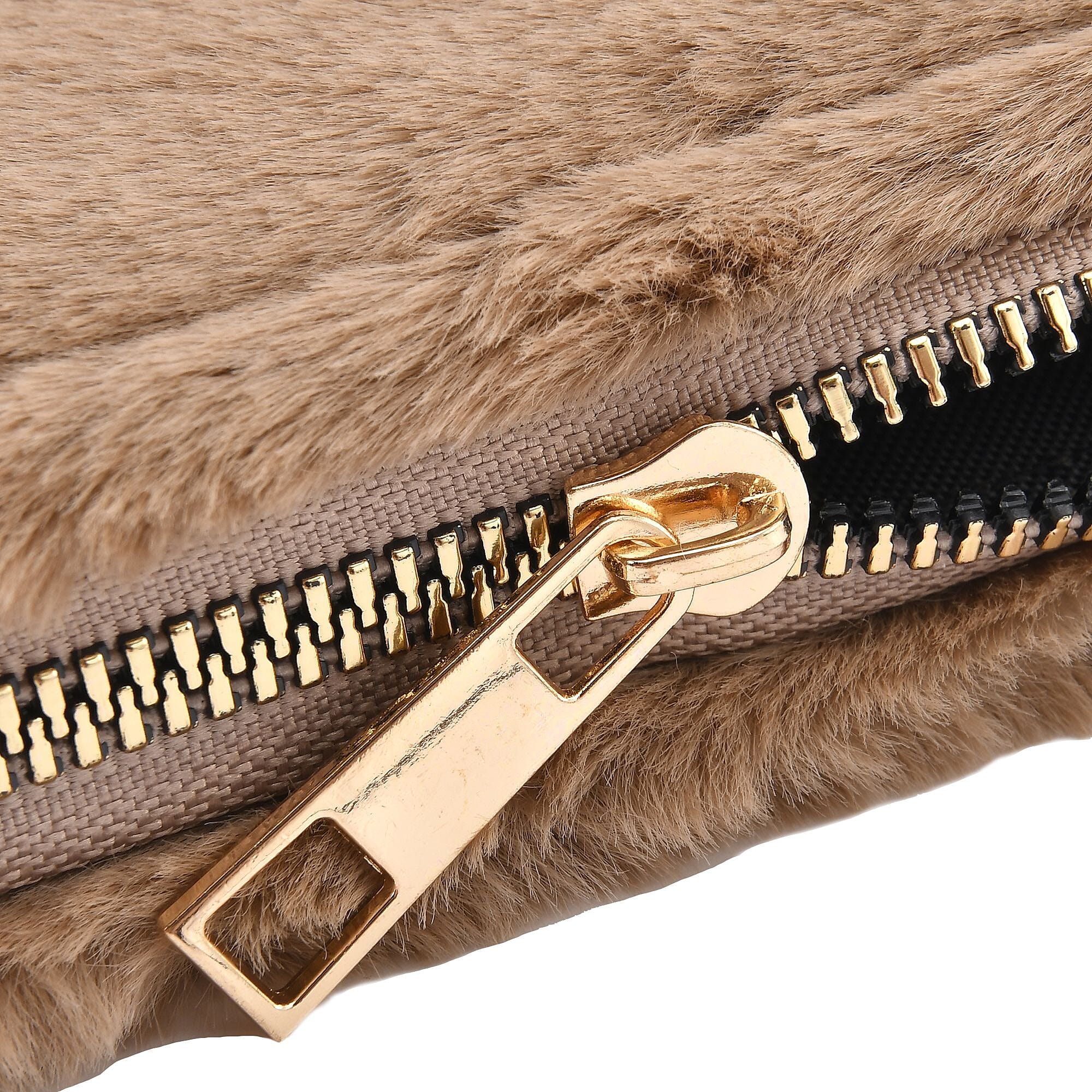 Faux Fur Wallet with Zipper Closure (Size 19x3x9 Cm) - Khaki