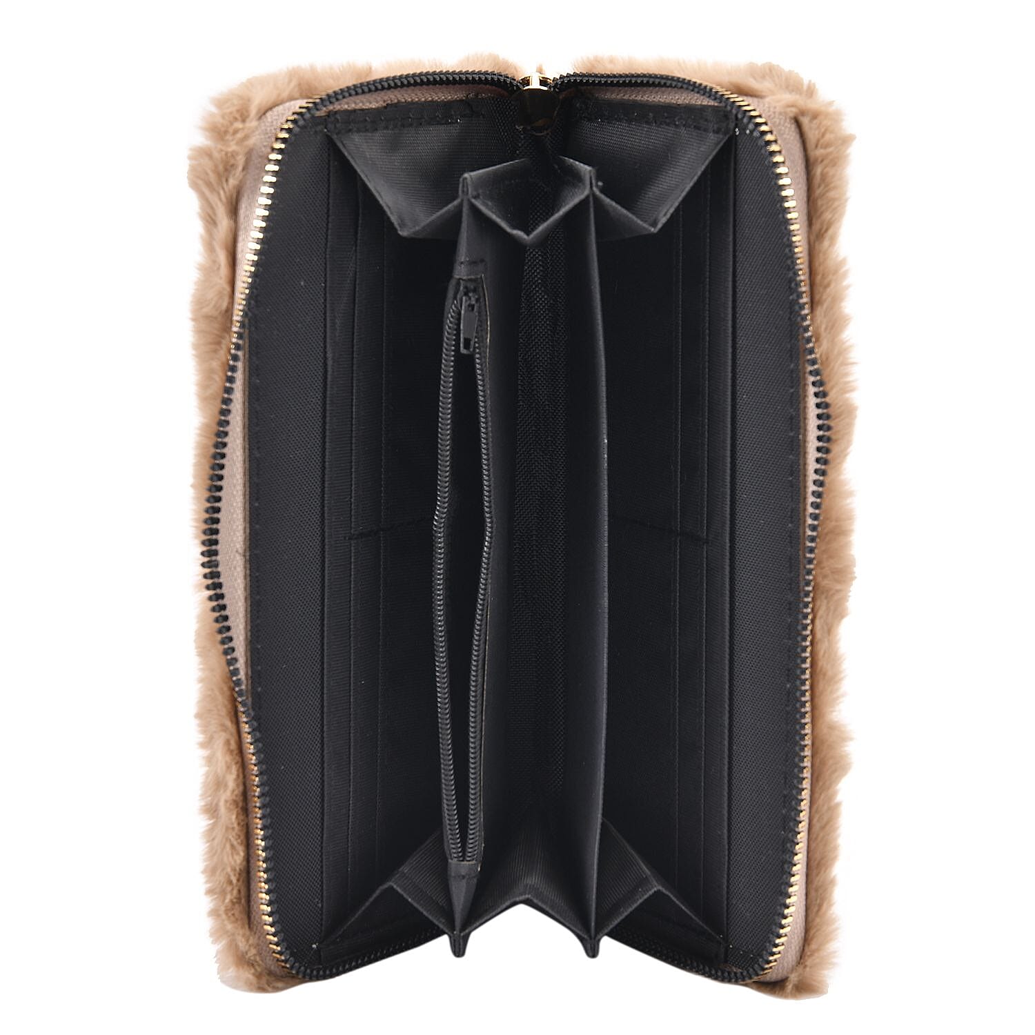 Faux Fur Wallet with Zipper Closure (Size 19x3x9 Cm) - Khaki