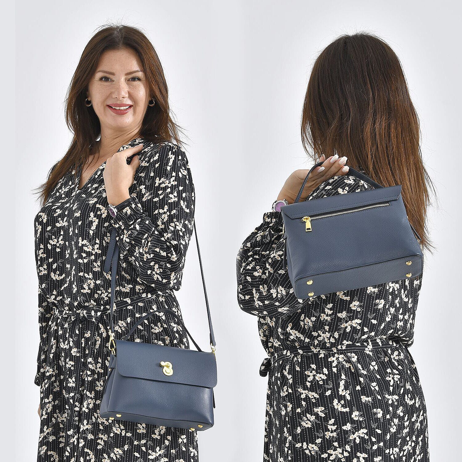 100% Genuine Leather Convertible Bag with Detachable Long Strap (Size 26x18x11 Cm) - Navy