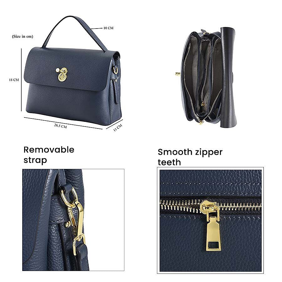 100% Genuine Leather Convertible Bag with Detachable Long Strap (Size 26x18x11 Cm) - Navy