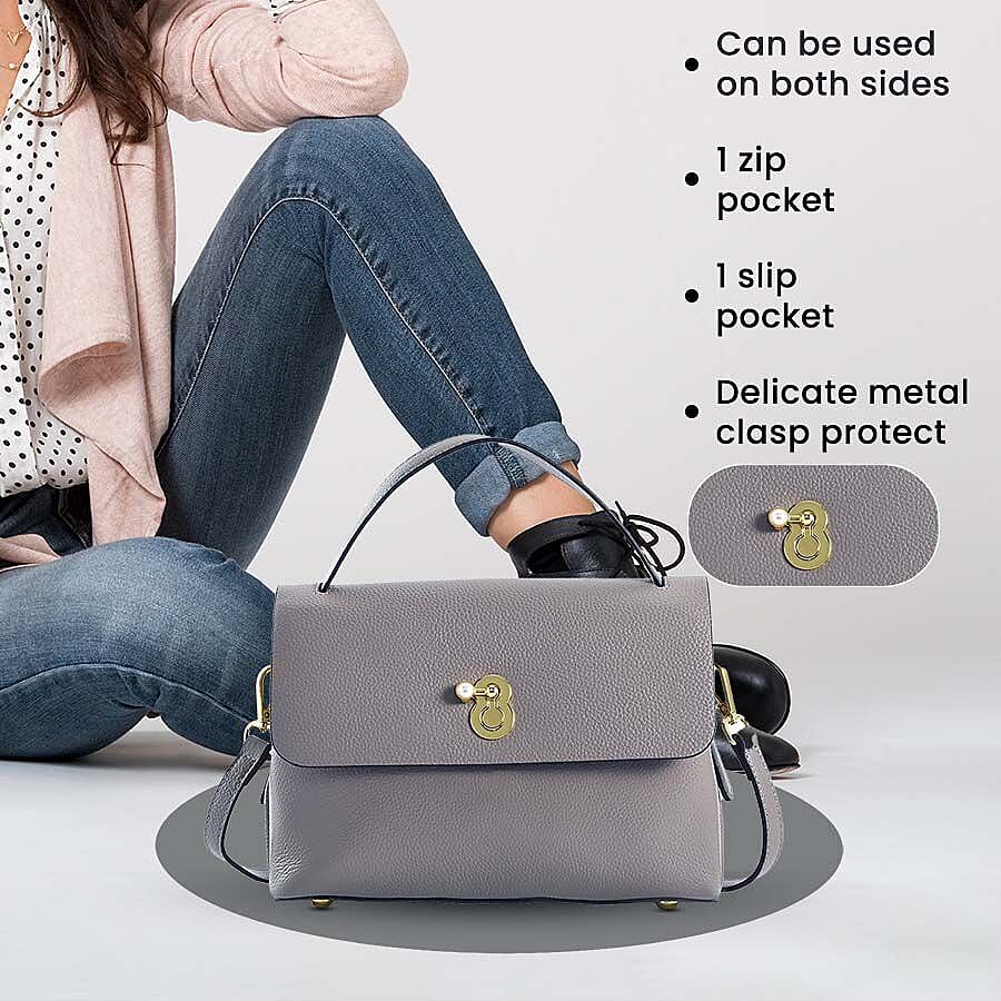 100% Genuine Leather Convertible Bag with Detachable Long Strap - Grey