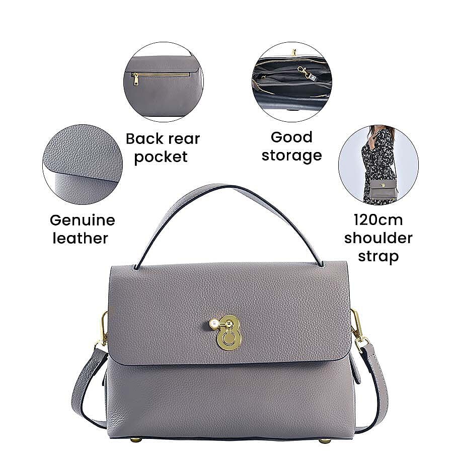 100% Genuine Leather Convertible Bag with Detachable Long Strap - Grey