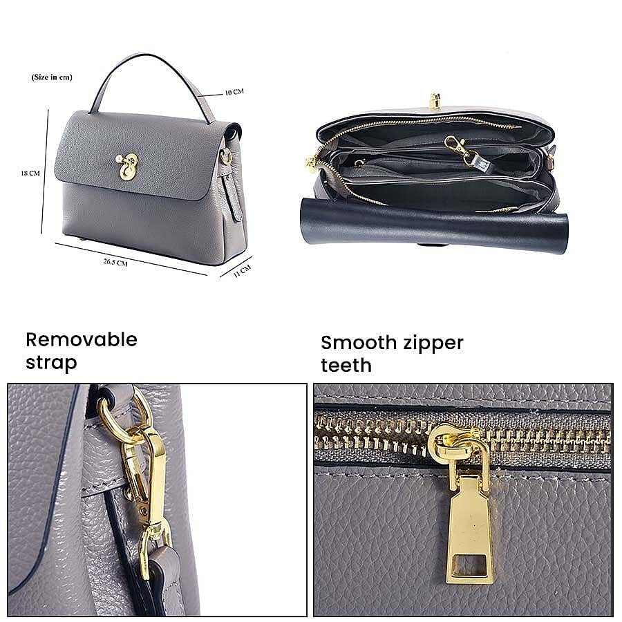 100% Genuine Leather Convertible Bag with Detachable Long Strap - Grey