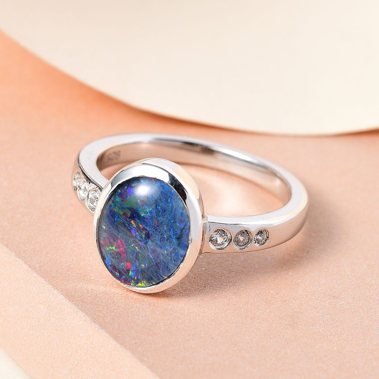 Boulder Opal Triplet and Natural Cambodian Zircon Ring in 18K Vermeil Yellow Gold Plated Sterling Silver 1.85 Ct.