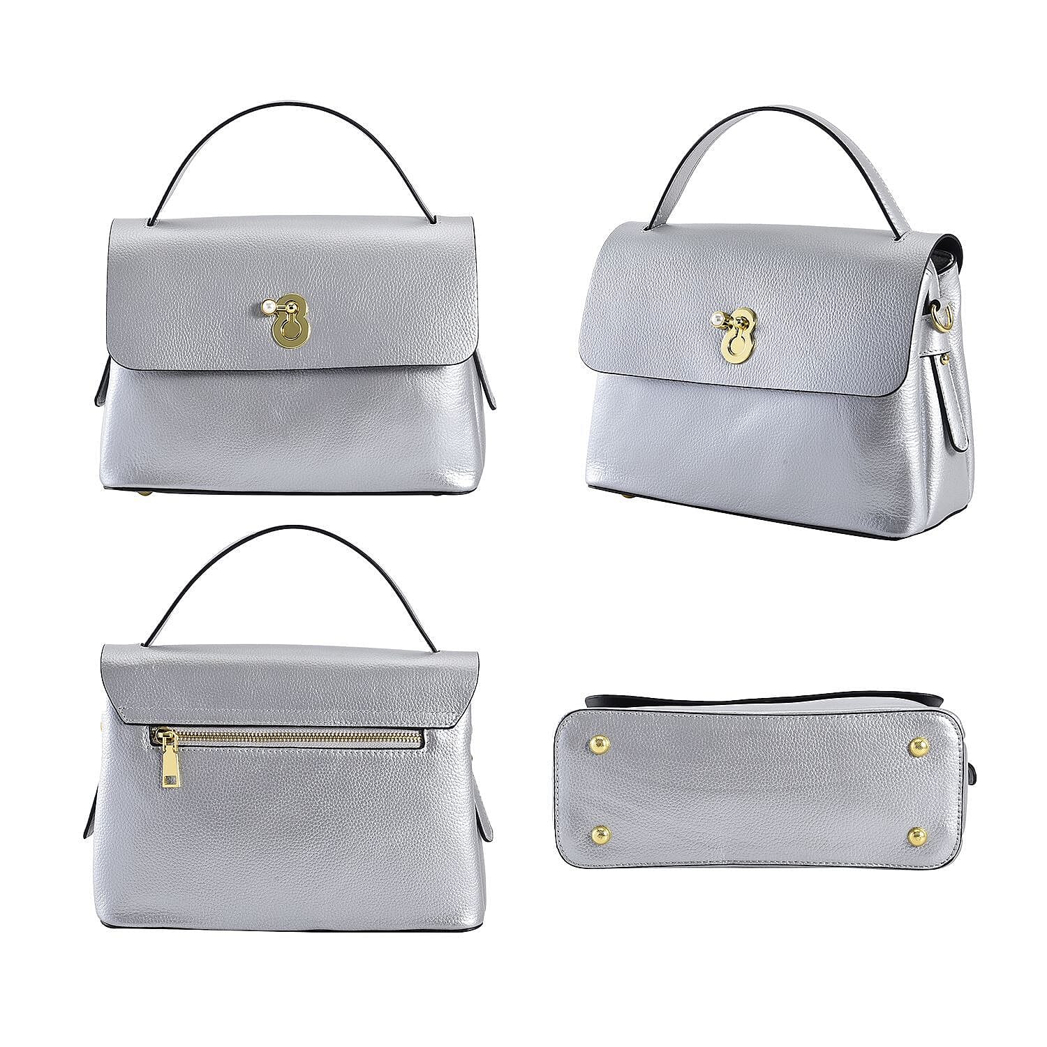 100% Genuine Leather Convertible Bag with Detachable Long Strap - Silver