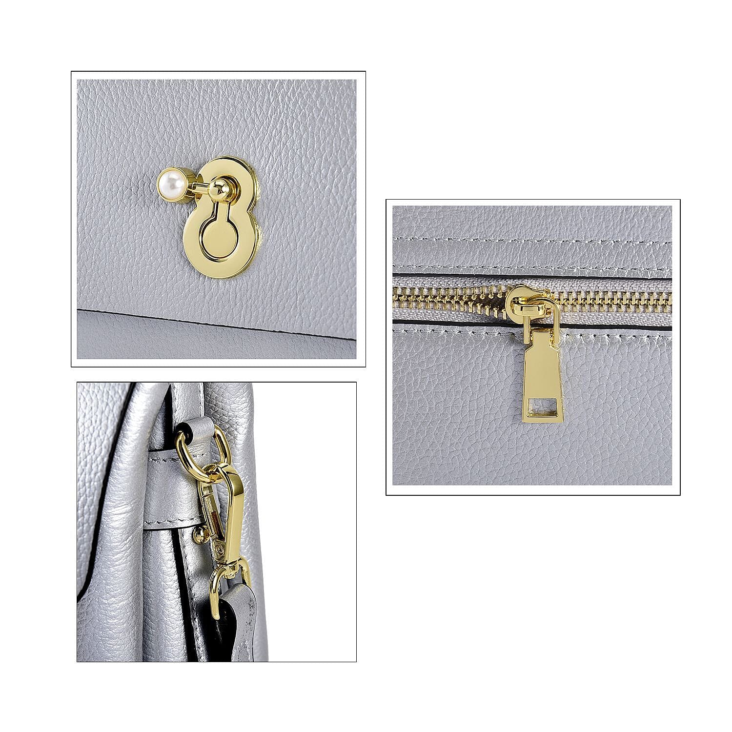 100% Genuine Leather Convertible Bag with Detachable Long Strap - Silver