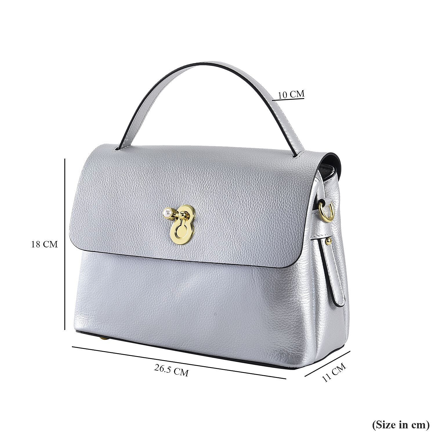 100% Genuine Leather Convertible Bag with Detachable Long Strap - Silver
