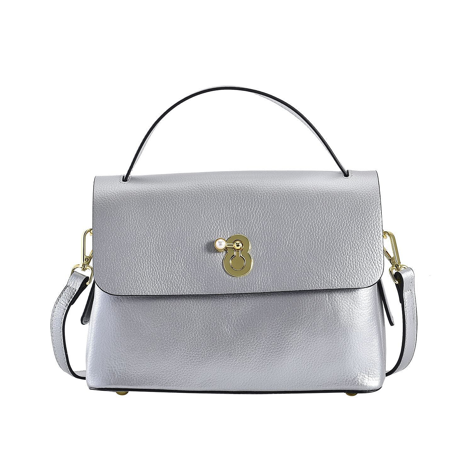 100% Genuine Leather Convertible Bag with Detachable Long Strap - Silver