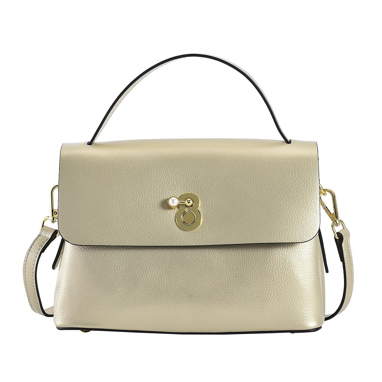 100% Genuine Leather Convertible Bag with Detachable Long Strap - Gold