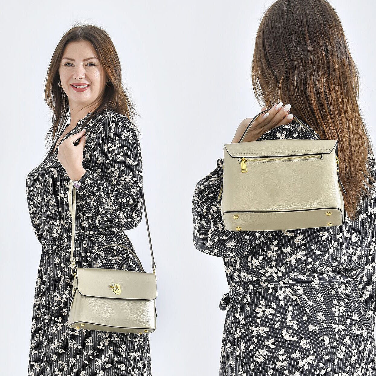 100% Genuine Leather Convertible Bag with Detachable Long Strap - Gold